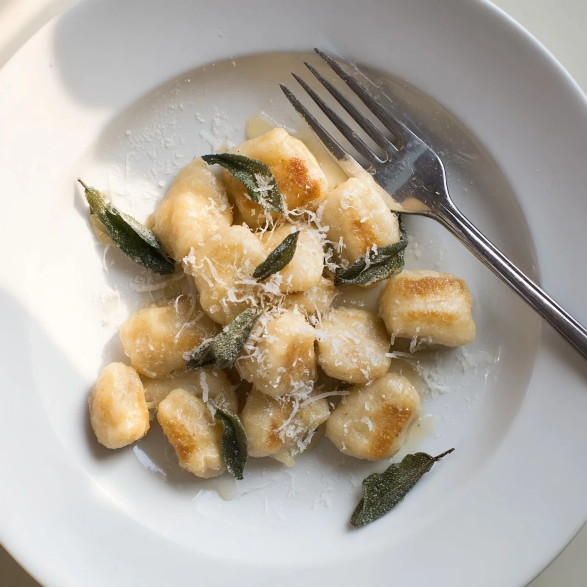 Plate of pillowy potato gnocchi coated in nutty brown butter and fresh crispy sage
