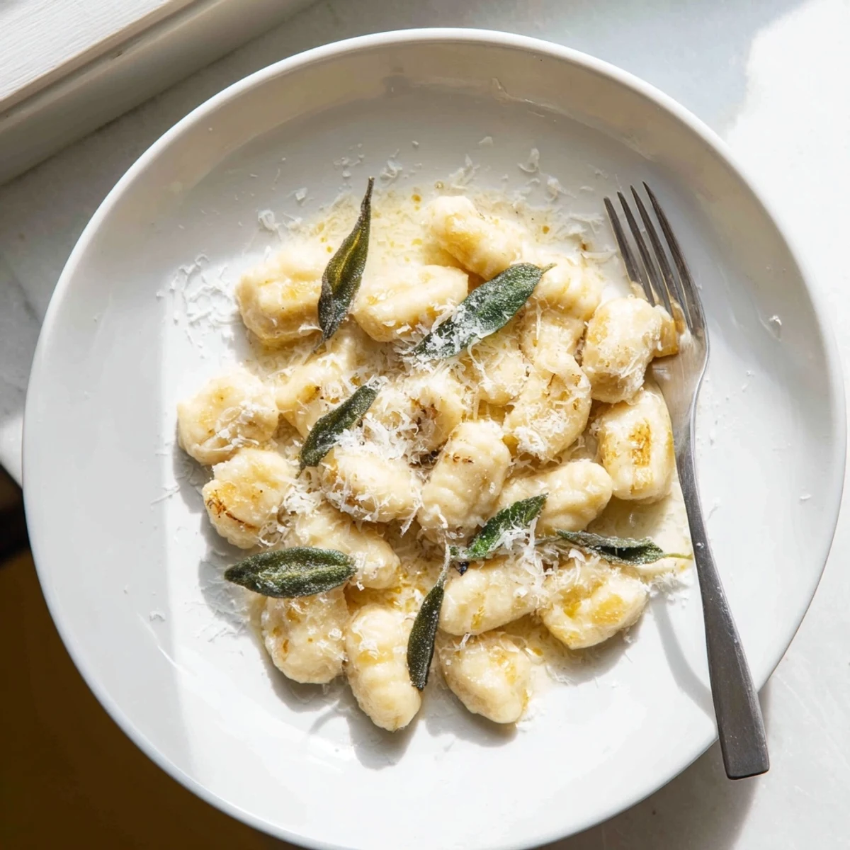 Close-up of brown butter sage gnocchi topped with melted Parmesan and black pepper
