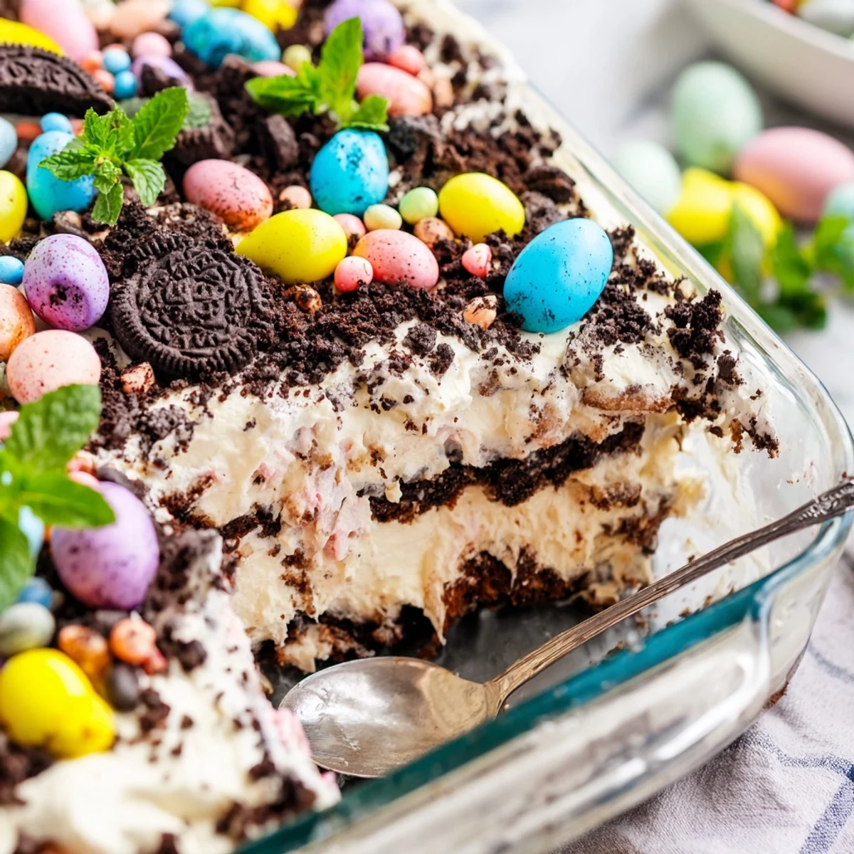 Easter dirt cake casserole with layers of creamy pudding, crushed cookies, and colorful pastel candies scattered on top