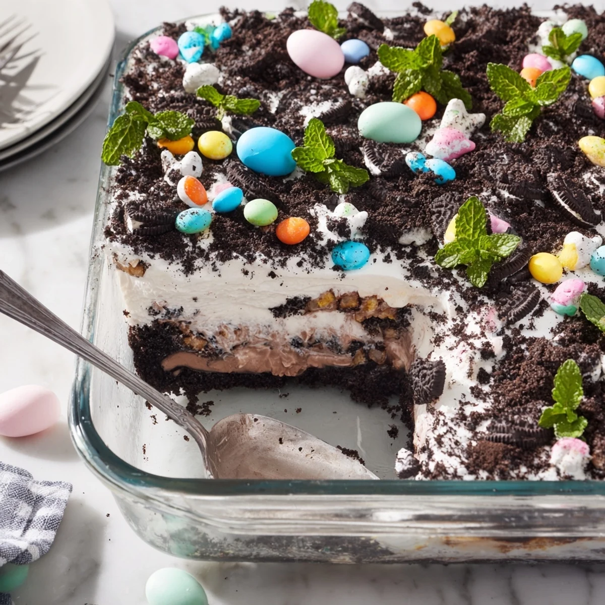 Creamy Easter dirt cake casserole in glass baking dish topped with mint leaves, pastel candy eggs, and chocolate cookie soil