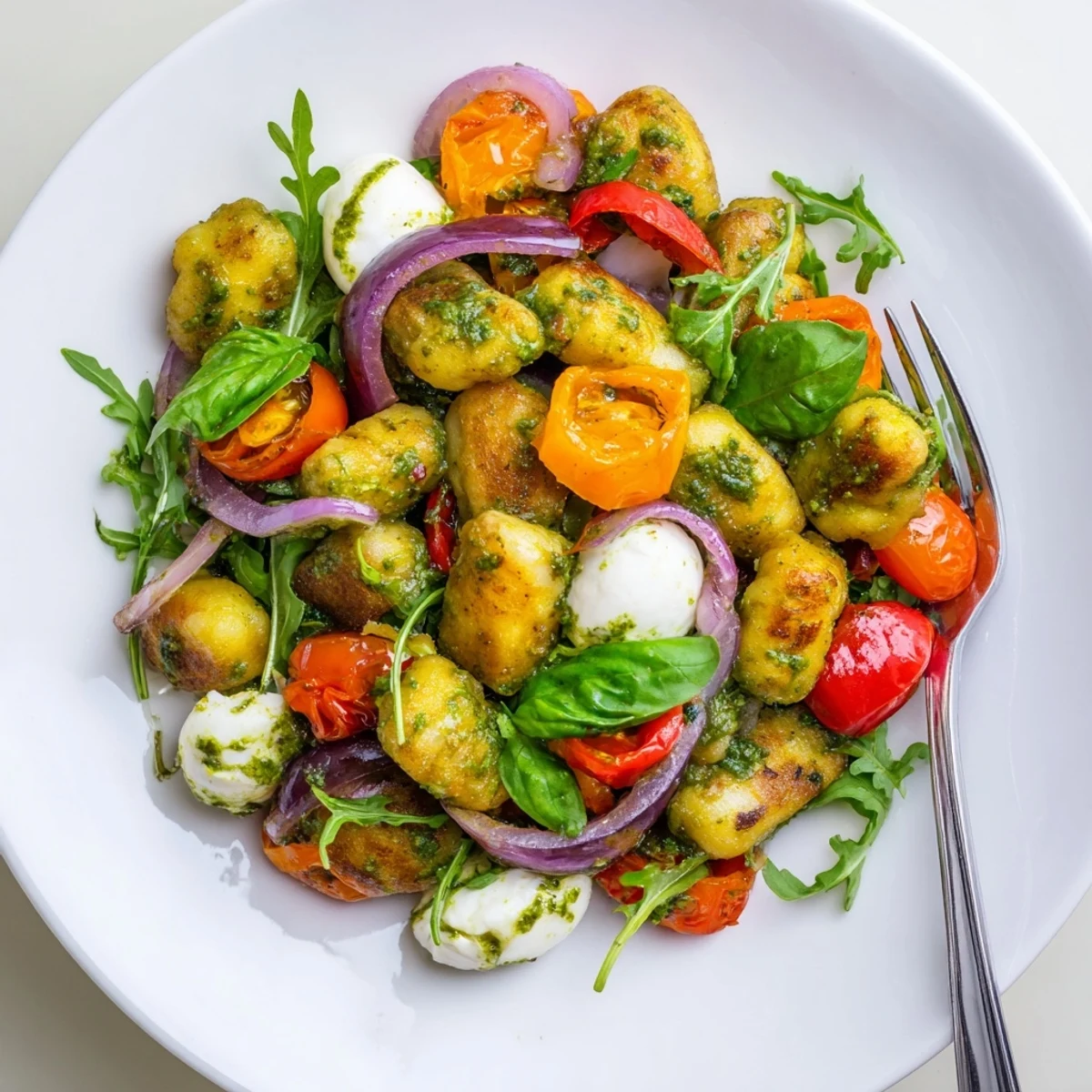 Golden roasted gnocchi salad with cherry tomatoes, mozzarella, and fresh basil pesto