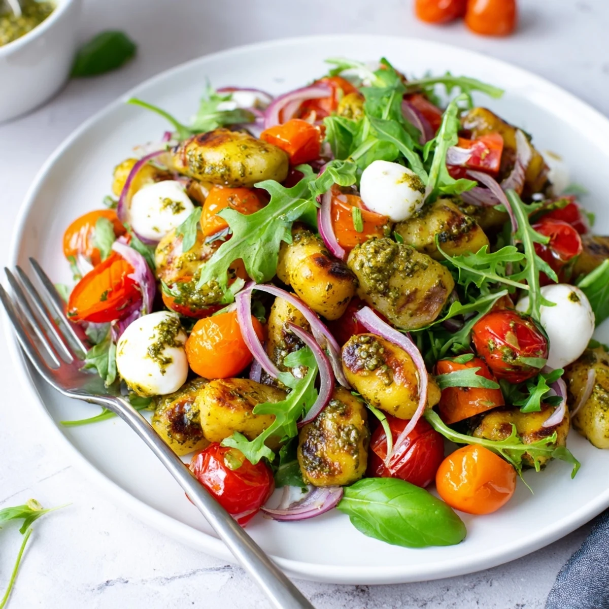 Warm pesto gnocchi salad featuring roasted peppers, tomatoes, and fresh arugula greens