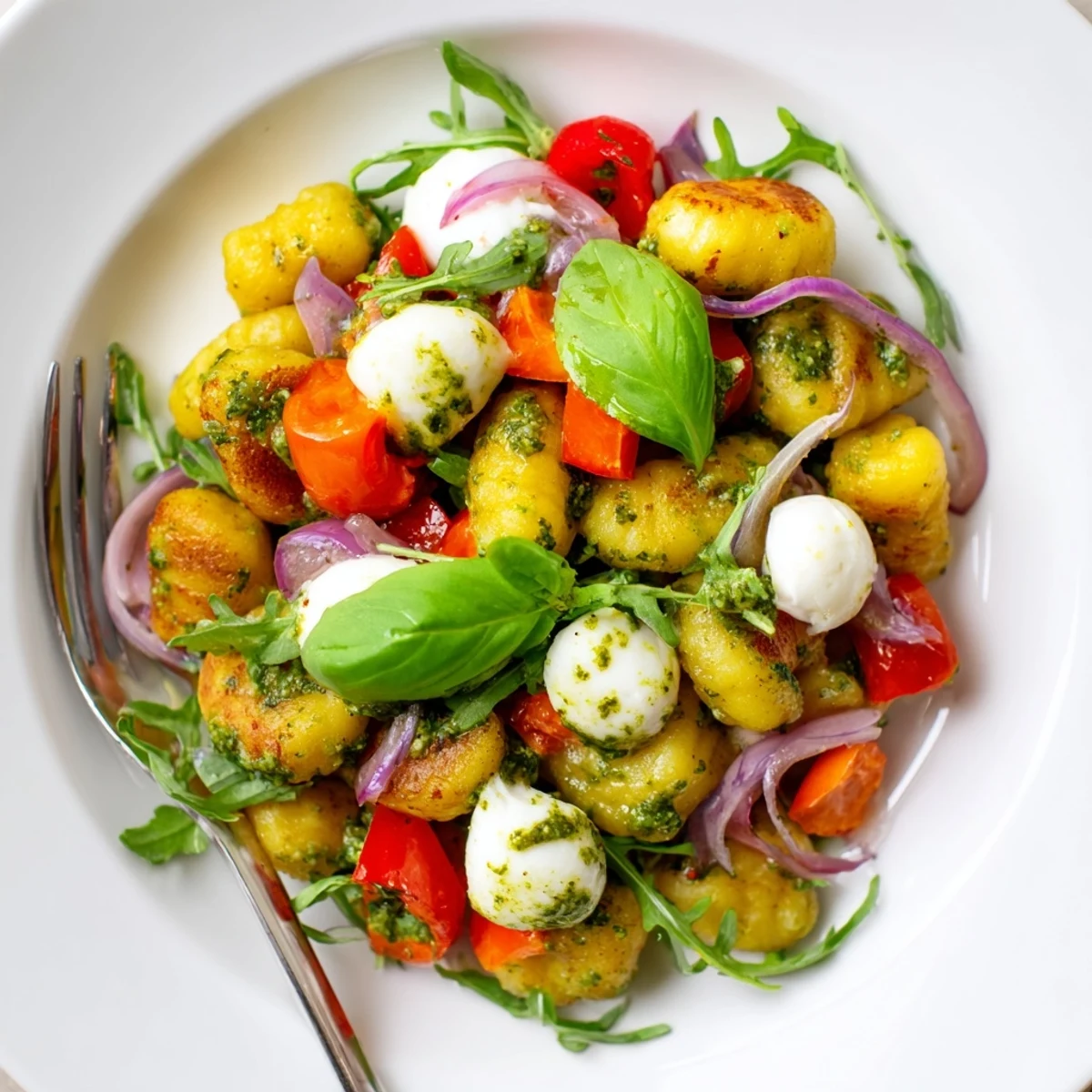 Crispy Italian potato gnocchi tossed with colorful vegetables and creamy mozzarella balls
