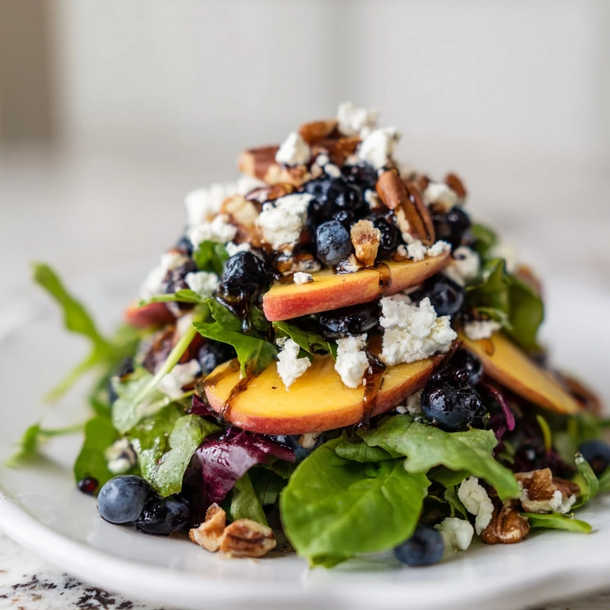 Fresh blueberry peach feta salad bowl with vibrant mixed greens and toasted pecans drizzled with balsamic dressing