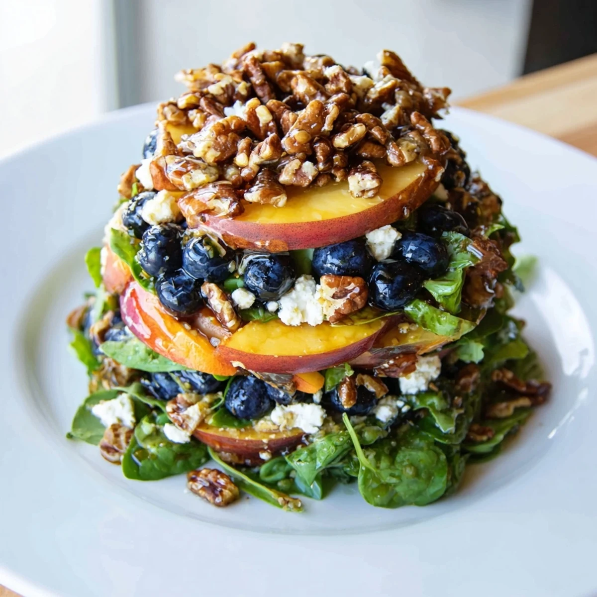 Colorful summer salad featuring juicy sliced peaches, plump blueberries, and crumbled feta on a bed of crisp arugula