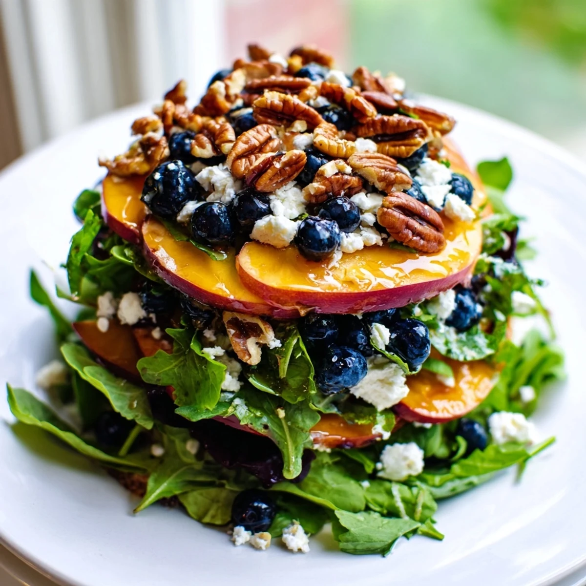 Rustic wooden serving board displaying blueberry peach feta salad with honey vinaigrette and fresh seasonal summer fruits