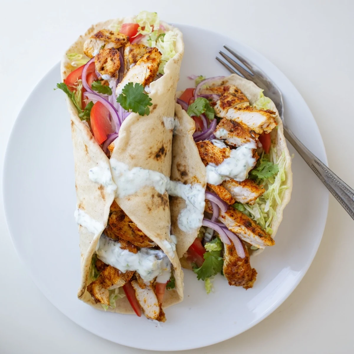 Golden high protein cottage cheese flatbread chicken wraps filled with fresh vegetables and spiced grilled meat