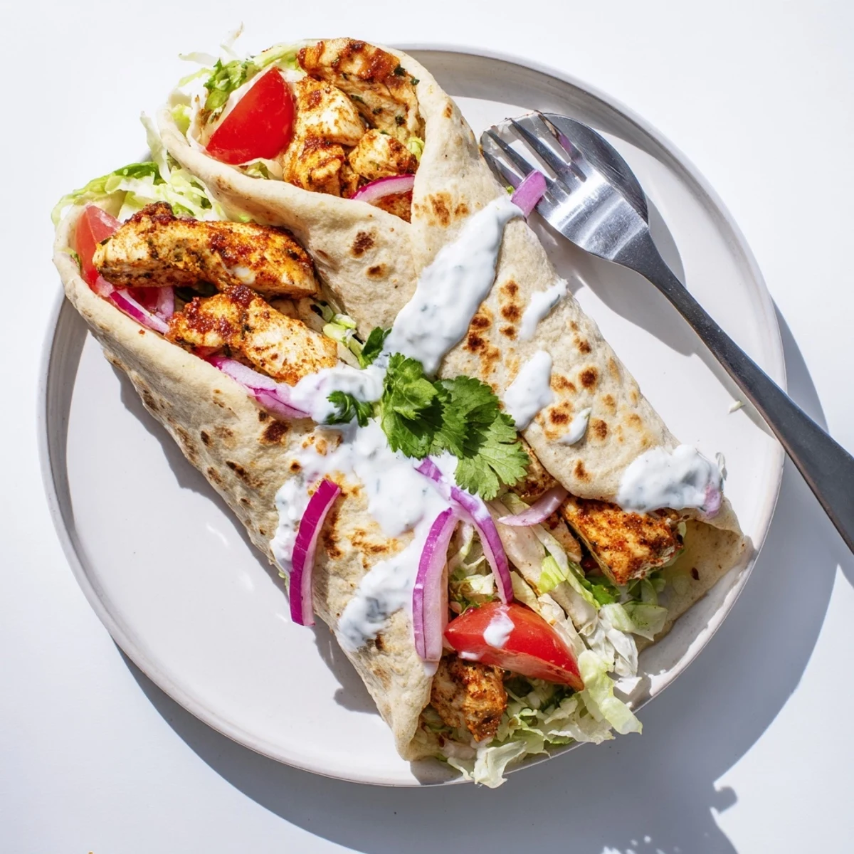 Crispy cottage cheese flatbread wraps stuffed with juicy seasoned chicken strips and crisp lettuce tomato topping