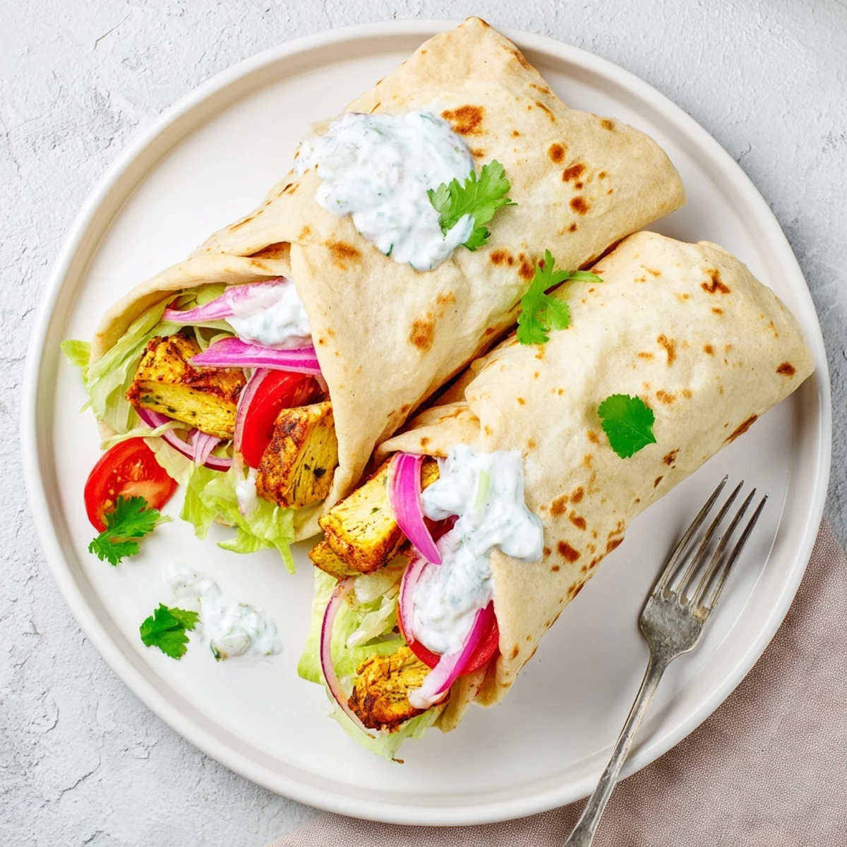 Protein-packed chicken wraps featuring baked cheesy flatbread filled with grilled spiced meat and colorful fresh vegetables