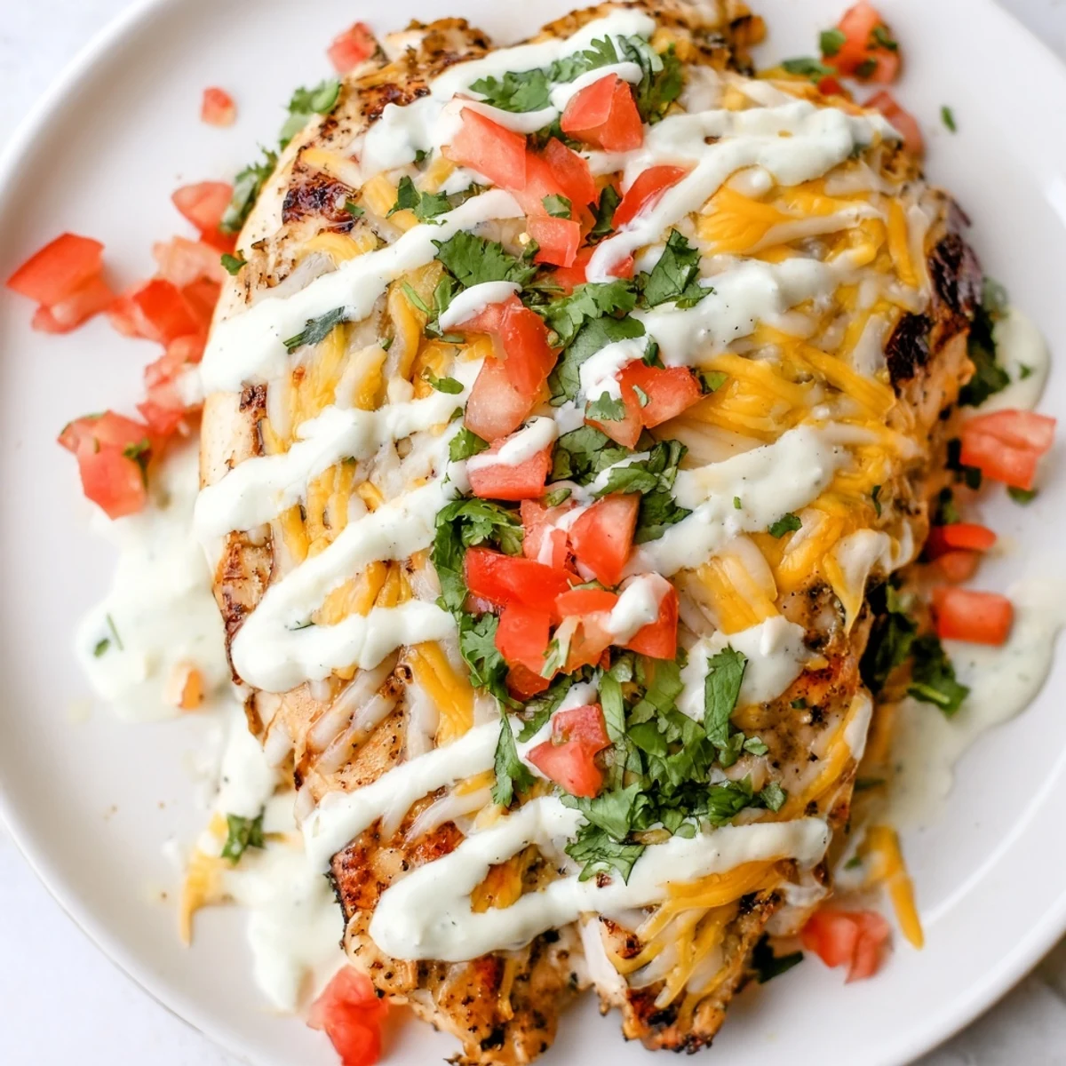 Grilled fiesta lime chicken topped with melted cheese and creamy fiesta sauce with fresh pico de gallo and cilantro garnish