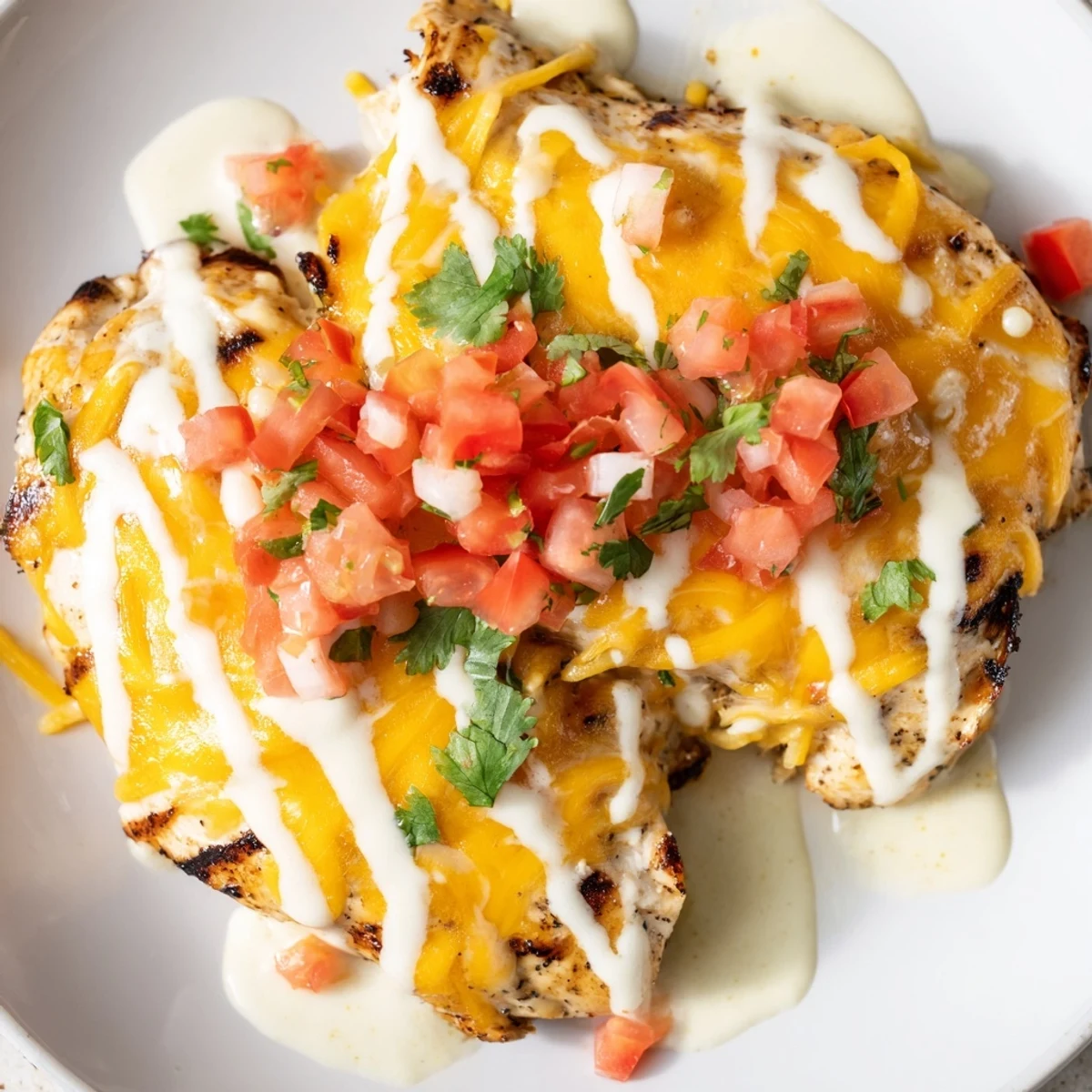 Southwestern fiesta lime chicken with melted cheddar creamy lime sauce fresh tomatoes and cilantro arranged on a white serving plate