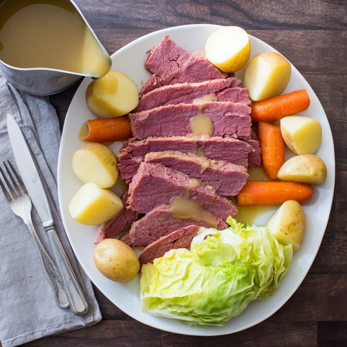Tender slow cooker corned beef cabbage with carrots and potatoes served in a shallow bowl