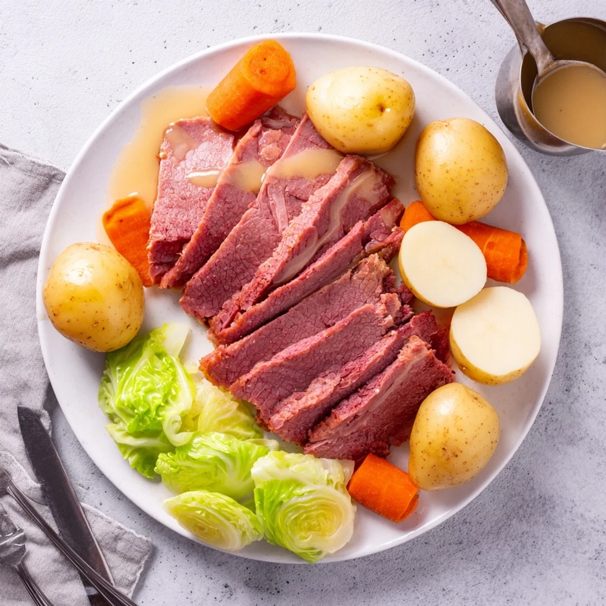 Sliced corned beef brisket nestled beside buttery cabbage wedges and tender root vegetables
