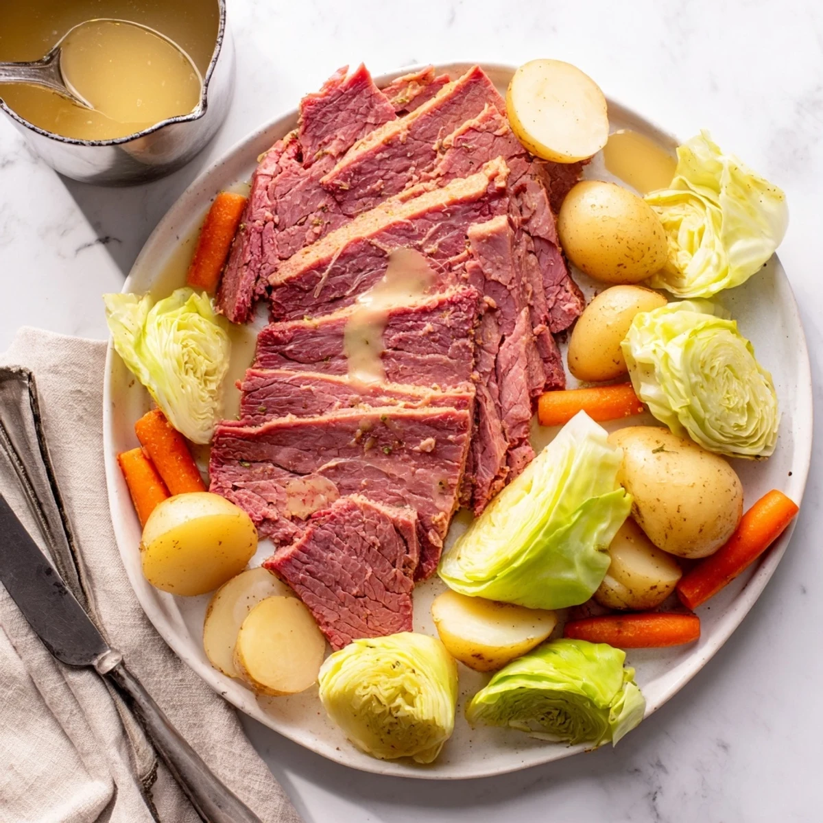 Comforting Irish-American corned beef cabbage dinner plated with broth and fresh black pepper