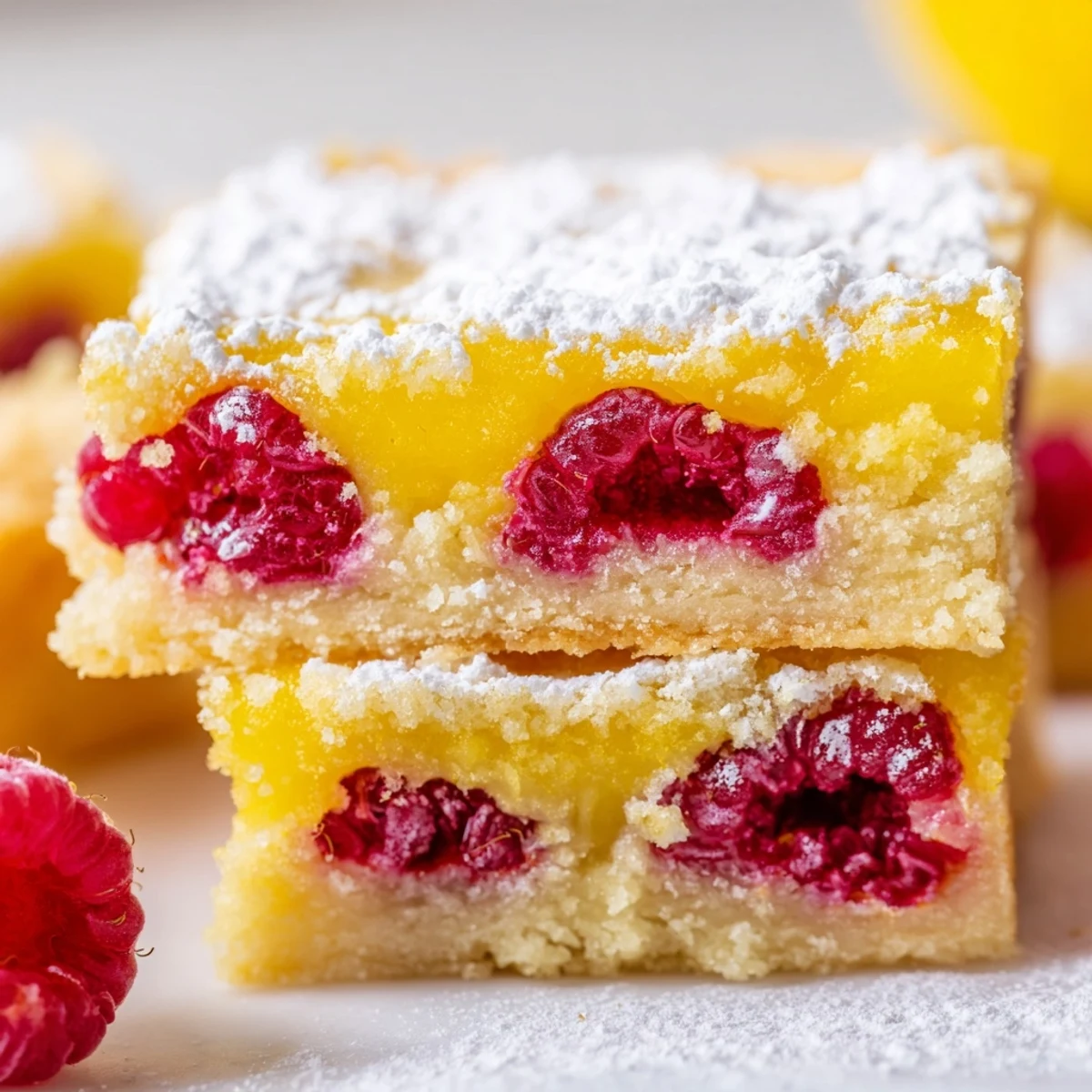 Baked lemon raspberry bars featuring bright citrus curd and juicy red raspberries on a buttery base