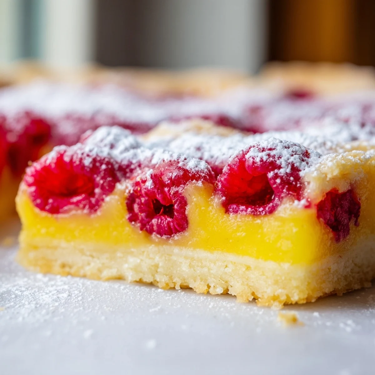 Golden lemon raspberry bars layered over buttery shortbread crust with fresh berry swirls