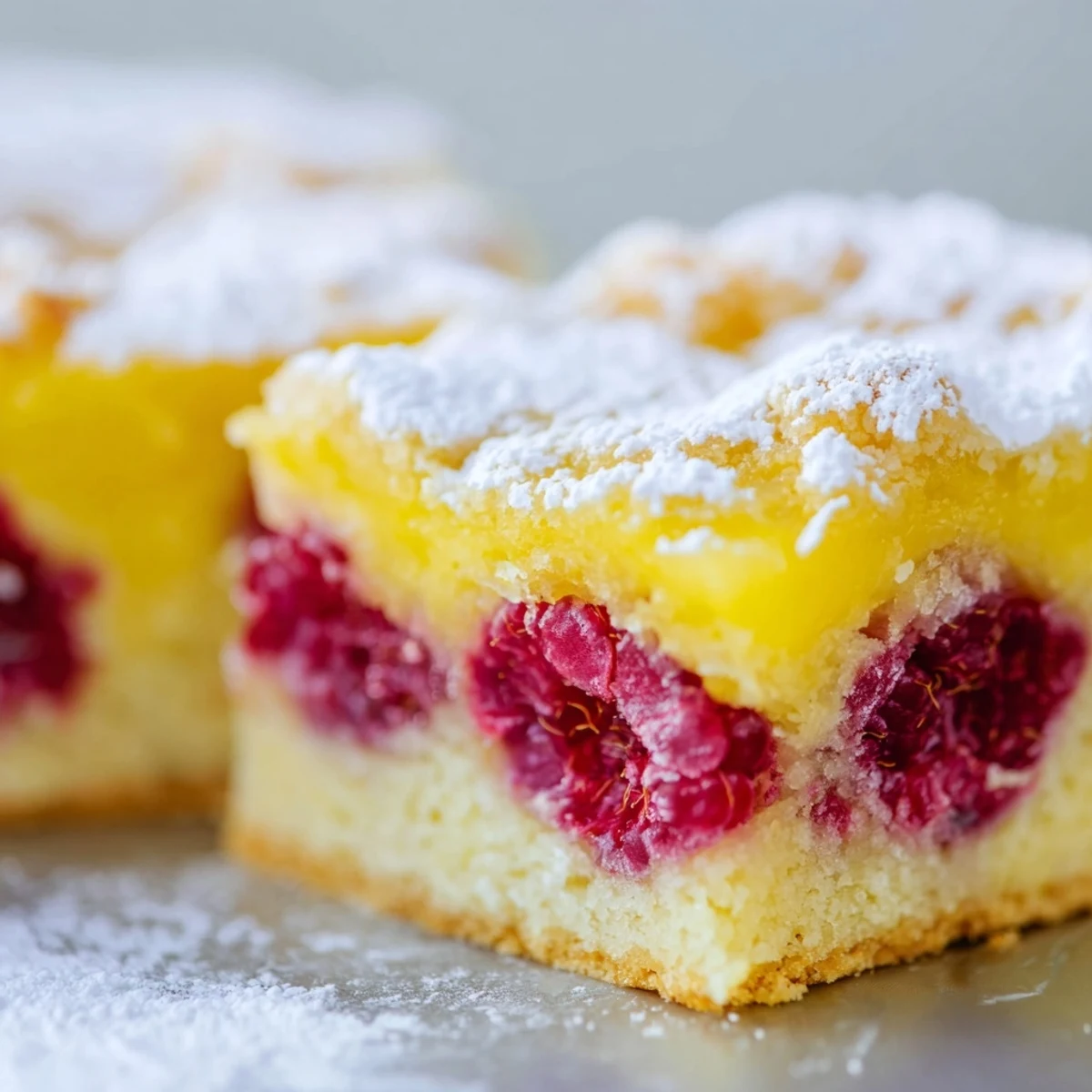 Square dessert bars with tangy lemon raspberry filling atop golden baked shortbread crust, dusted with powdered sugar