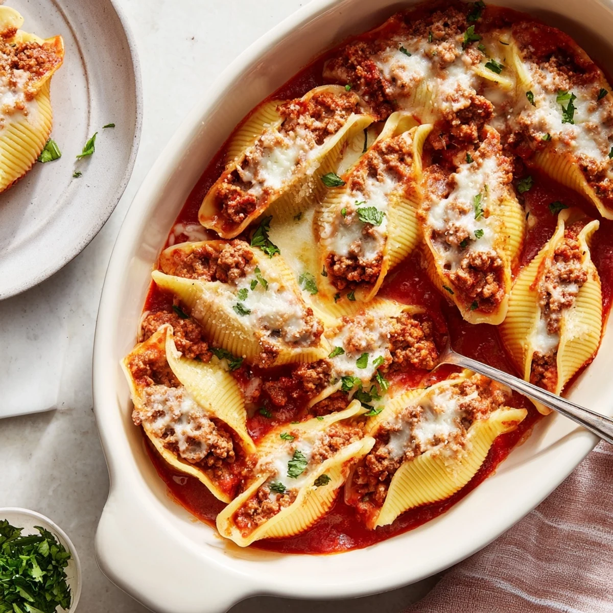 Golden melted cheese blankets jumbo pasta shells stuffed with savory beef and creamy ricotta filling