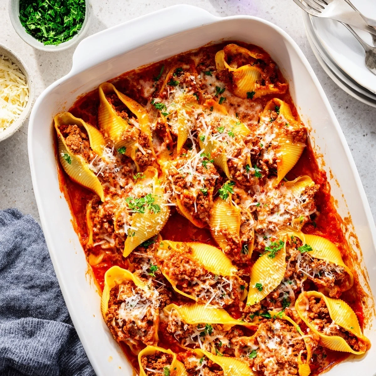Baked beef stuffed shells in a rich creamy tomato sauce topped with bubbling mozzarella cheese