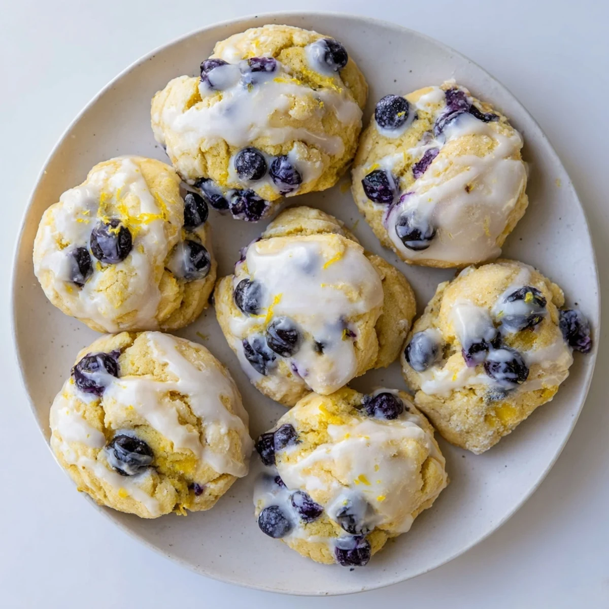 Freshly baked Lemon Blueberry Cheesecake Cookies drizzled with tangy lemon glaze on cooling rack