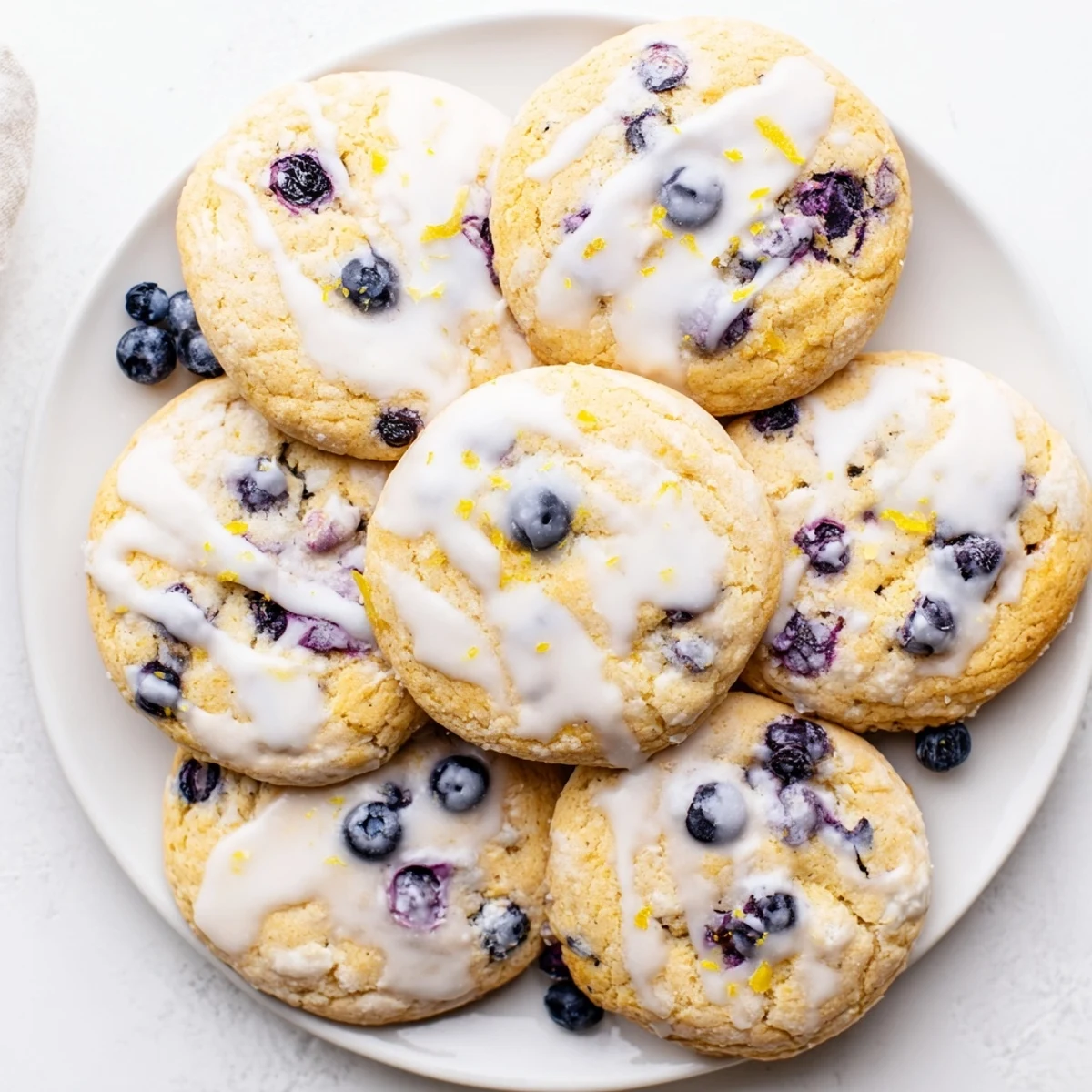 Soft golden Lemon Blueberry Cheesecake Cookies with creamy centers and juicy purple berries