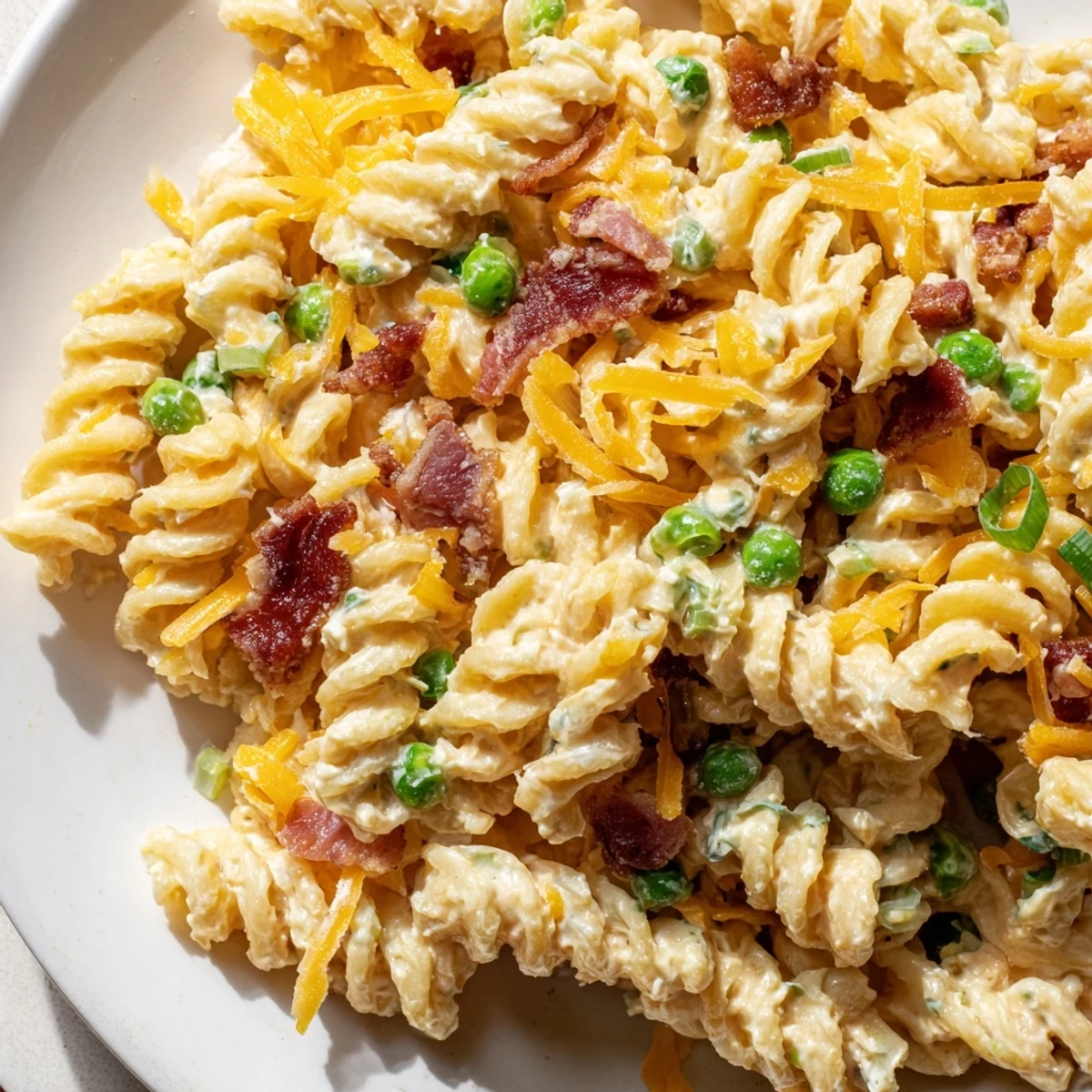 Creamy crack pasta salad loaded with crispy bacon, cheddar cheese, and green onions in a white serving bowl
