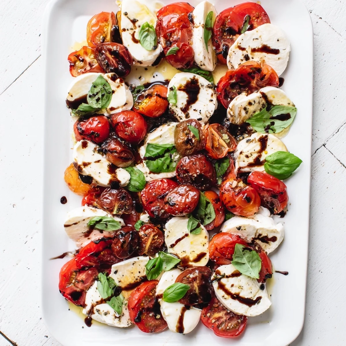 Golden roasted cherry tomatoes layered with fresh mozzarella and basil in this roasted tomato Caprese salad