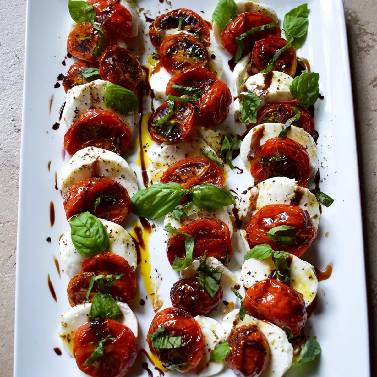 Caramelized tomatoes atop creamy mozzarella drizzled with balsamic glaze for this vibrant roasted tomato Caprese salad