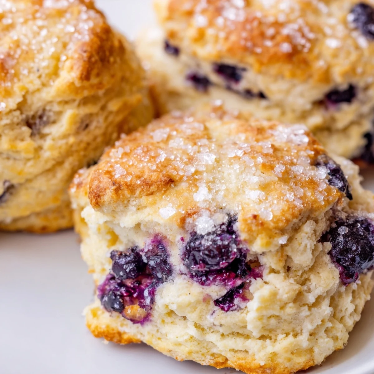 Flaky homemade blueberry biscuits bursting with juicy fruit on a white plate