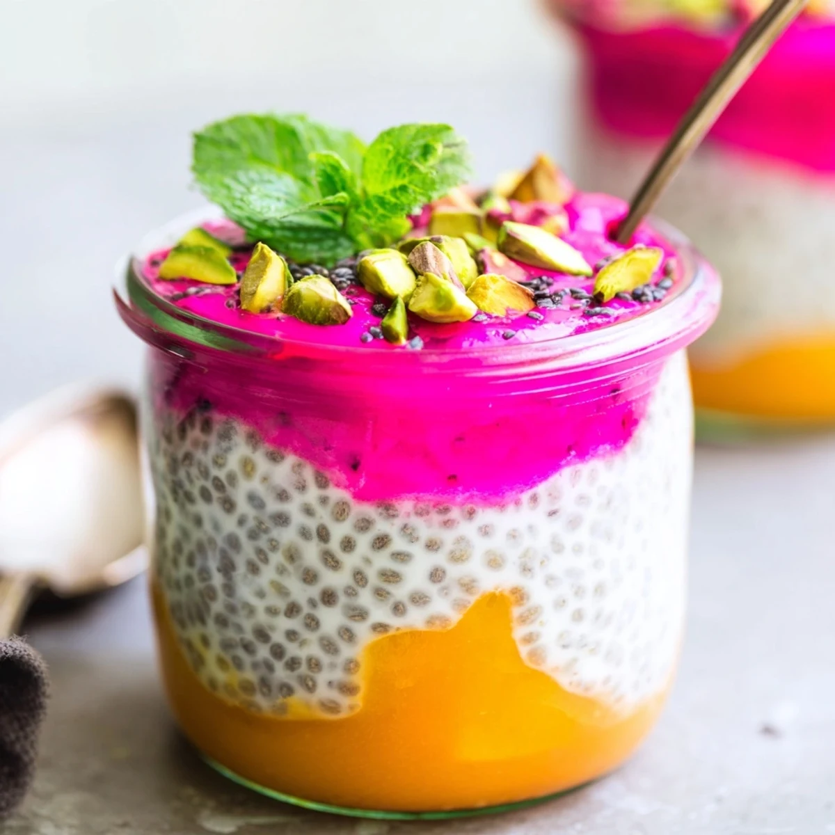 Glass jar of mango and dragon fruit chia pudding topped with fresh mint and toasted coconut
