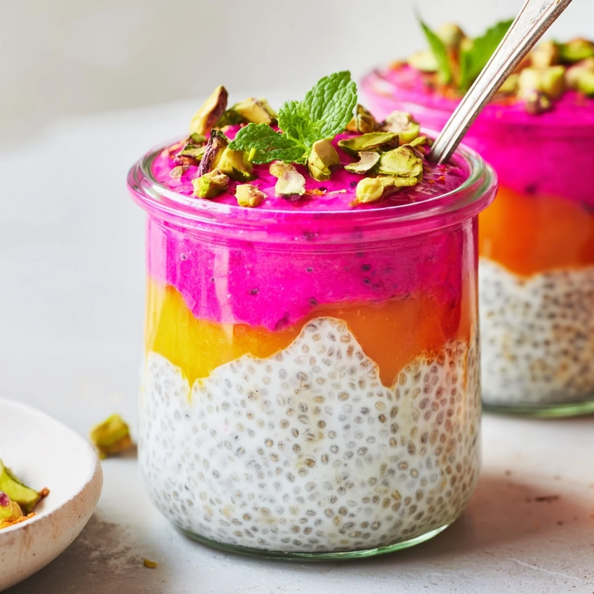 Layered tropical chia pudding with creamy coconut milk and vibrant mango dragon fruit swirls