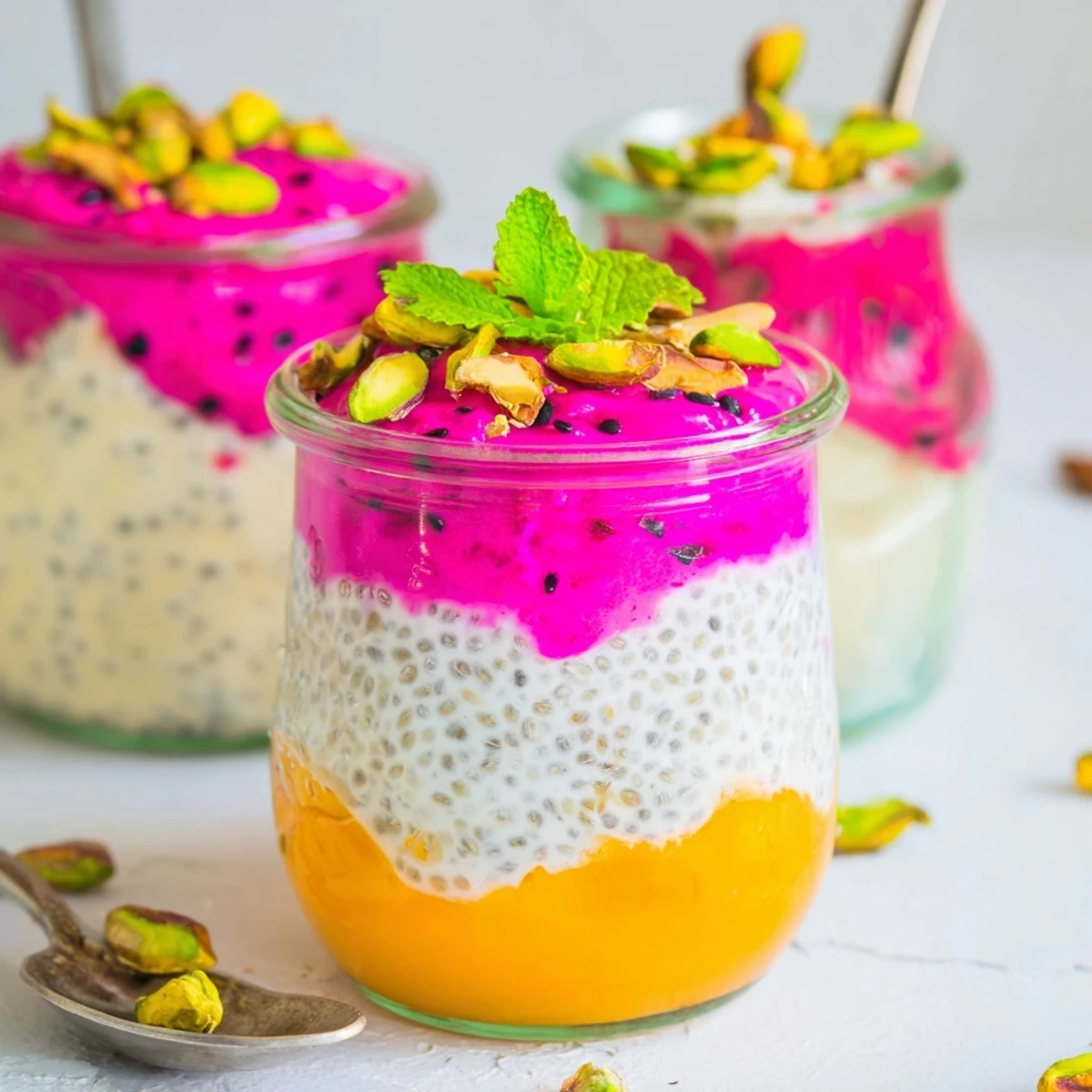 Parfait glass showing mango and dragon fruit chia pudding layers garnished with nuts and coconut flakes