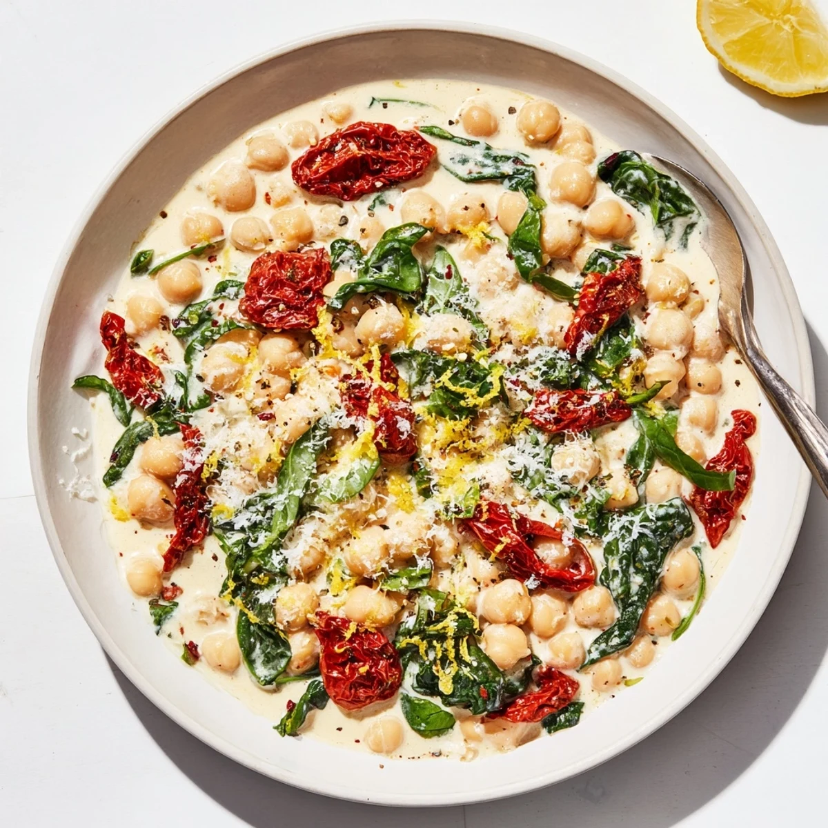 Creamy Marry Me Chickpeas simmered with sun-dried tomatoes, spinach, and fresh basil in a rich herb-infused sauce