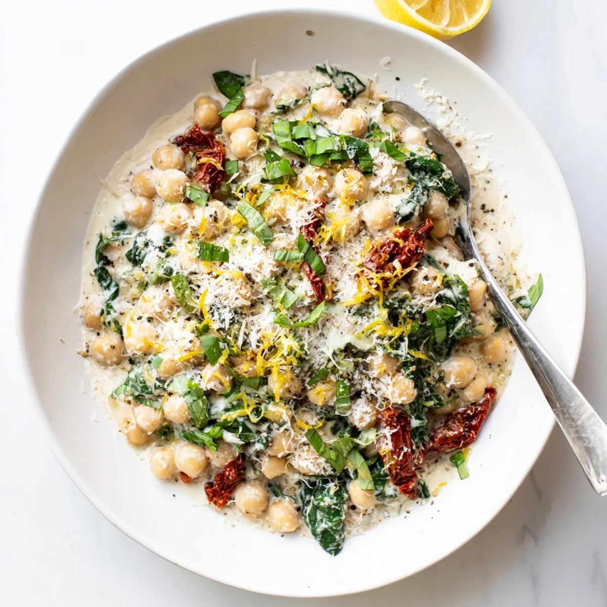 Hearty Marry Me Chickpeas served in a skillet topped with lemon zest and chopped fresh basil