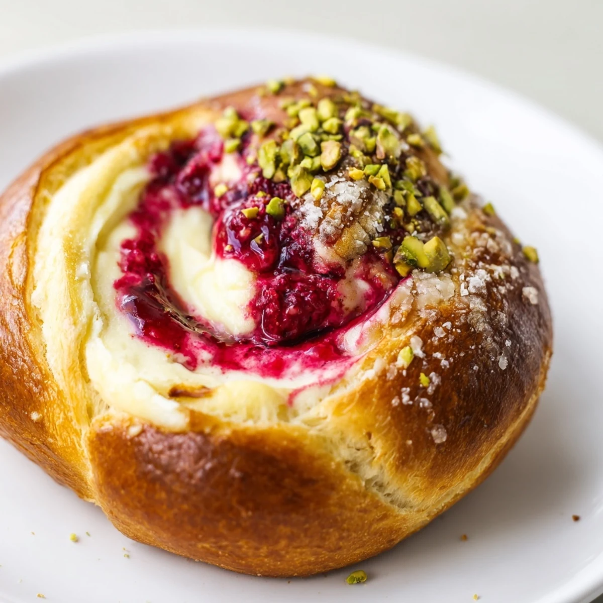 Golden raspberry and rose cheesecake buns with creamy centers and jewel-like raspberry swirls