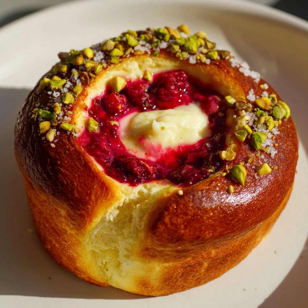 Soft pillowy buns filled with tangy cream cheese filling topped with bright red raspberry compote