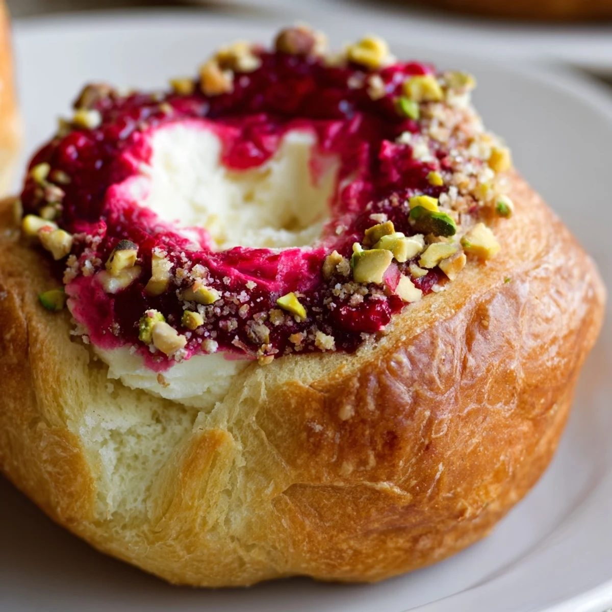 Freshly baked rose-infused cheesecake buns garnished with chopped pistachios and sweet raspberry jam centers