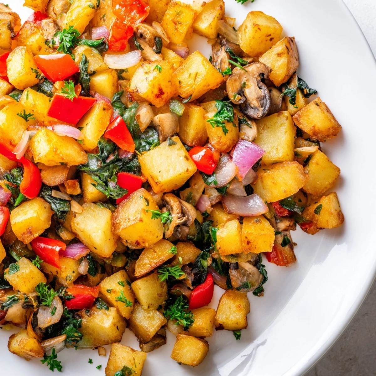 Golden crispy vegan breakfast hash with colorful bell peppers and diced potatoes in a skillet