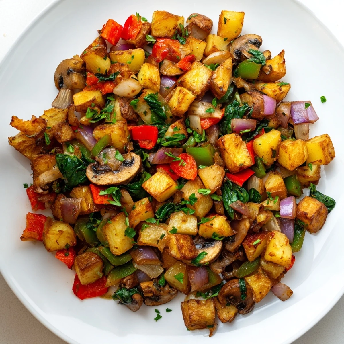 Hearty flavorful vegan breakfast hash topped with fresh parsley and wilted spinach