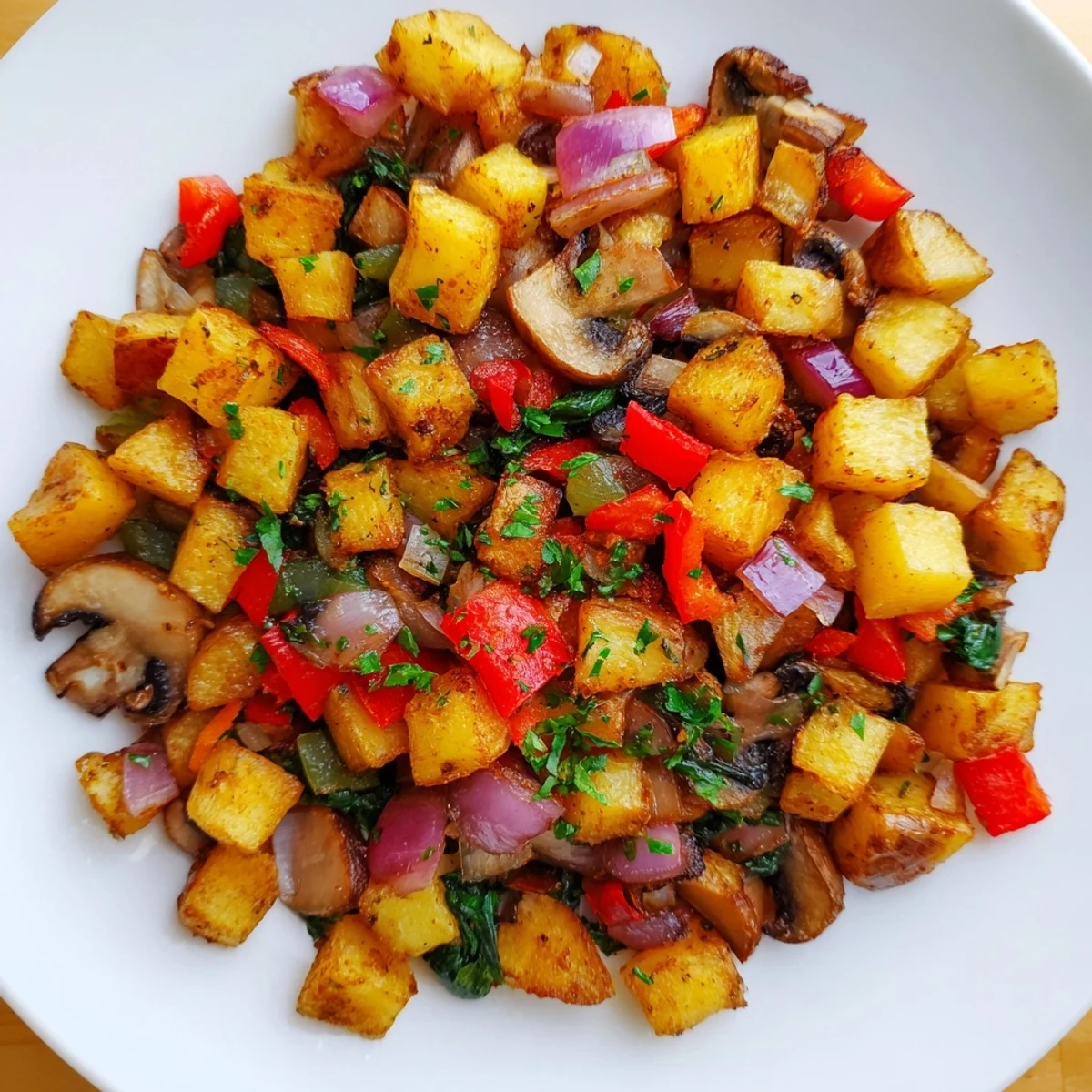 Sizzling skillet of vegan breakfast hash featuring mushrooms red onions and crispy golden potatoes
