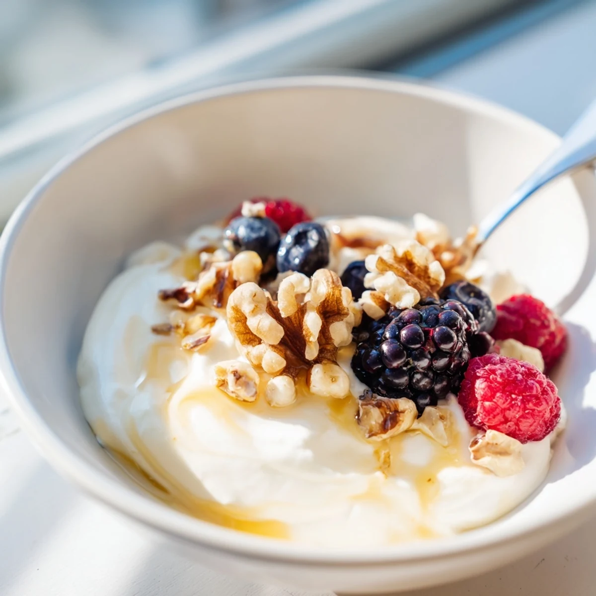 Bowl of thick homemade Greek yogurt topped with fresh berries and honey