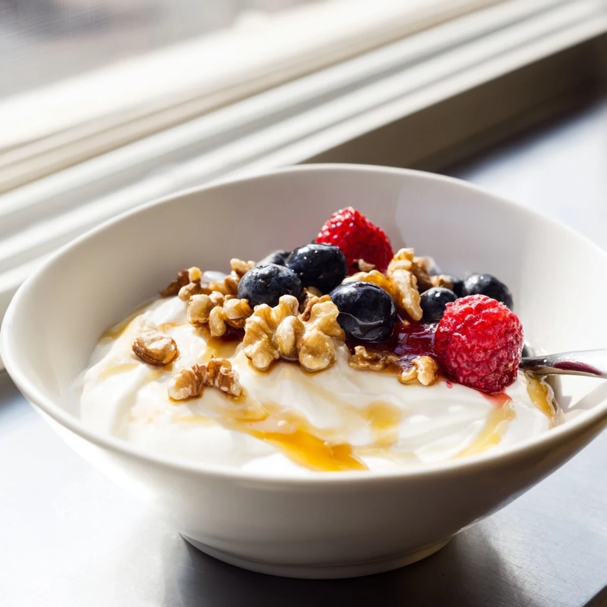 Rich strained Greek yogurt displaying velvety texture on white serving plate
