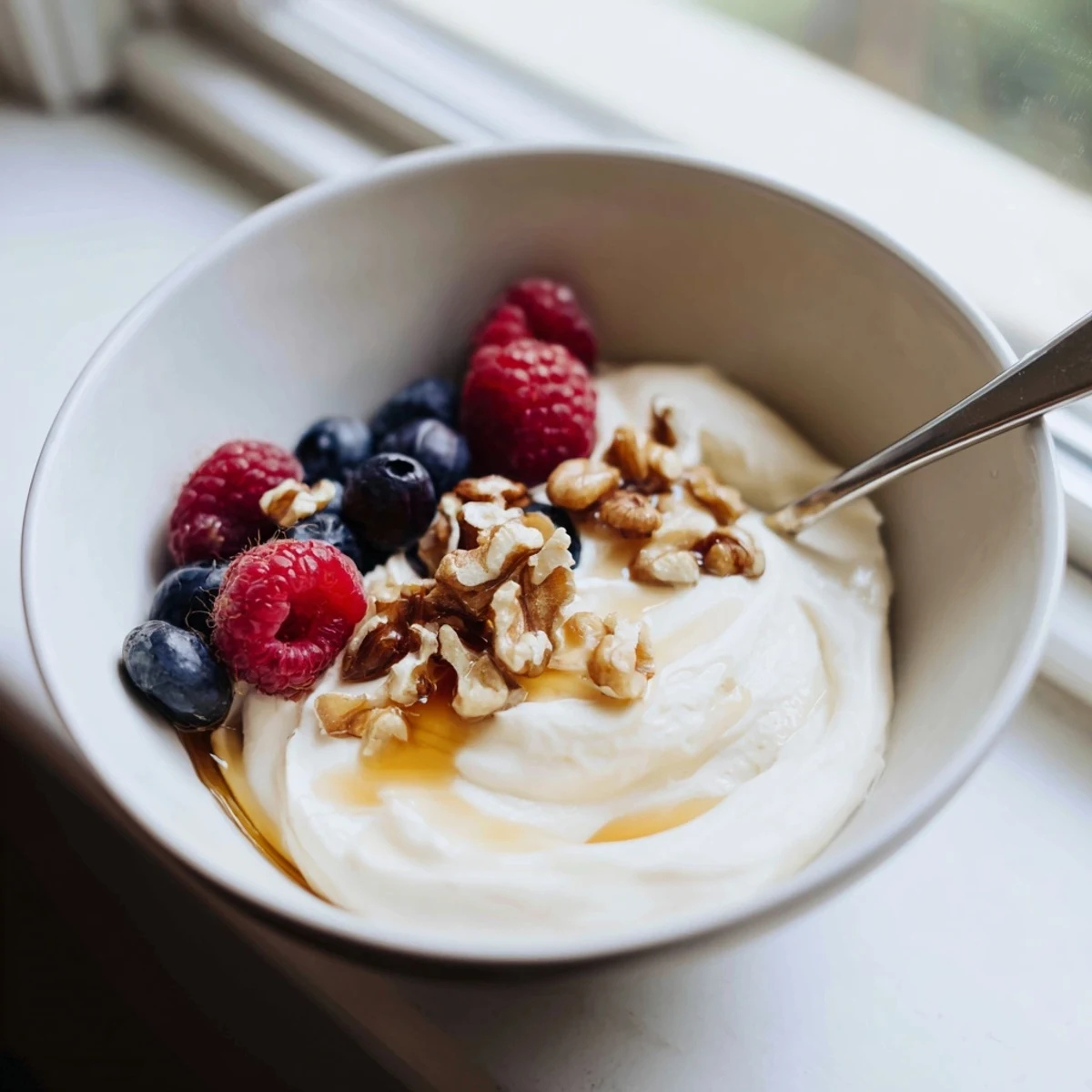 Creamy white Greek yogurt served in glass bowl with wooden spoon