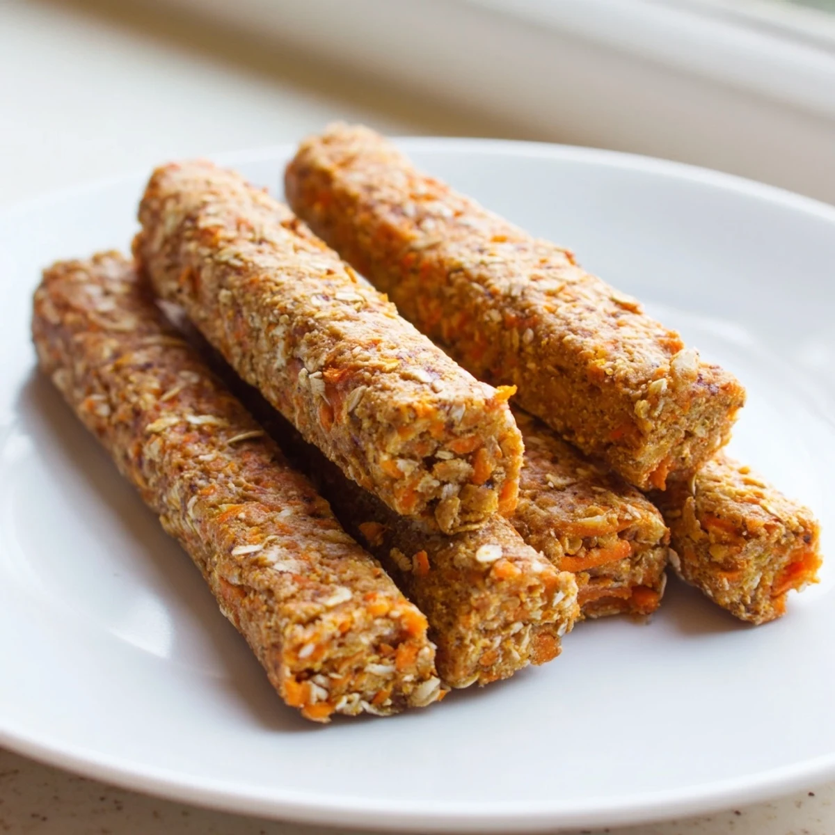 Golden homemade apple and carrot dog chew sticks arranged on parchment paper for wholesome treating