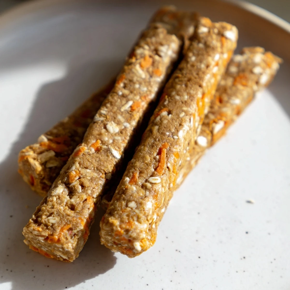 Crunchy apple and carrot dog chew sticks with visible specks of fresh grated vegetables