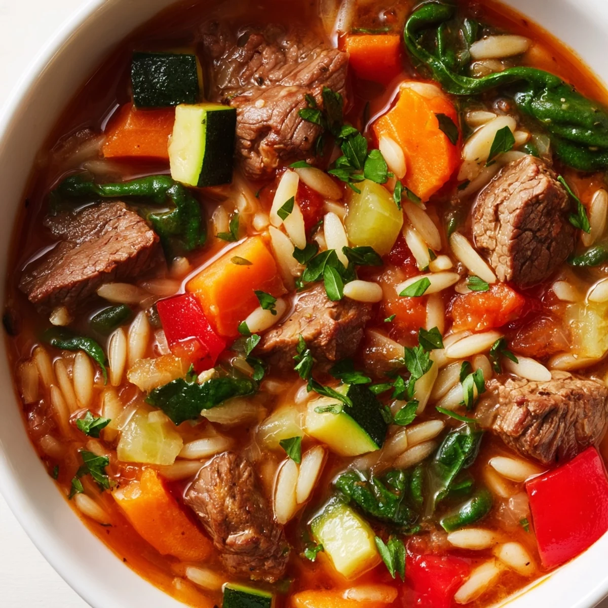 Hearty beef and orzo soup steaming in a rustic bowl with fresh parsley garnish