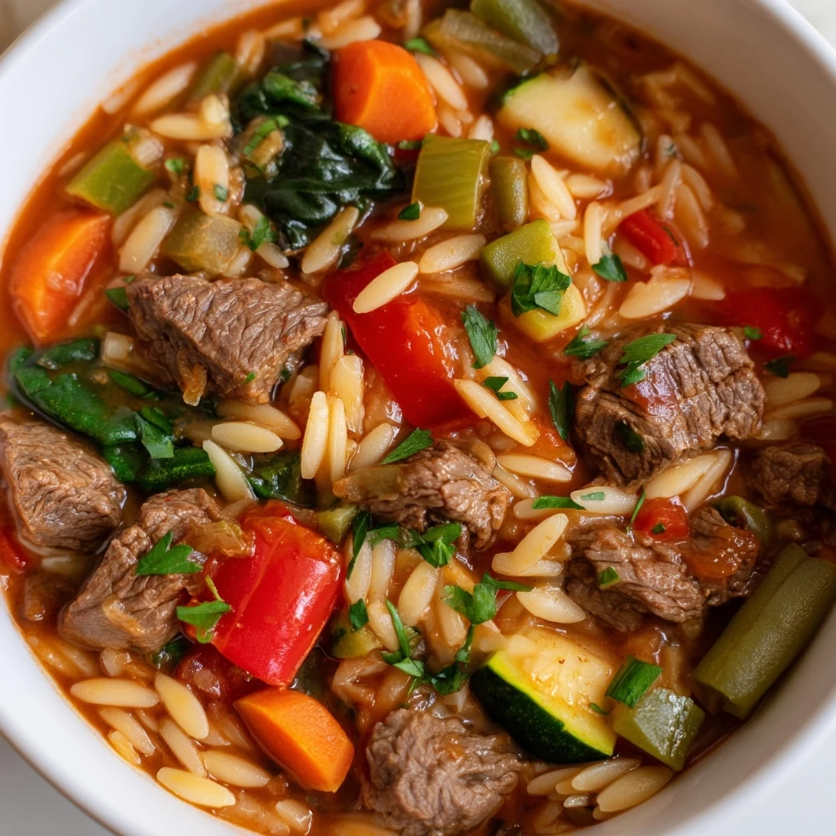 Colorful garden vegetables and tender beef chunks swim in savory orzo soup broth