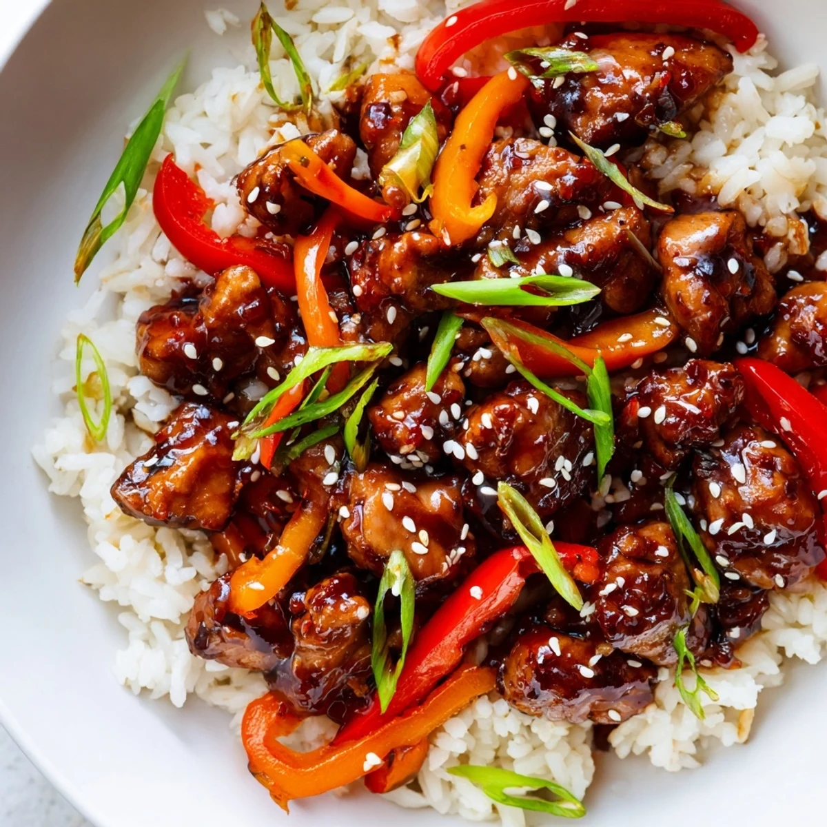 Golden Korean BBQ Chicken and Rice in a skillet topped with sesame seeds and green onions