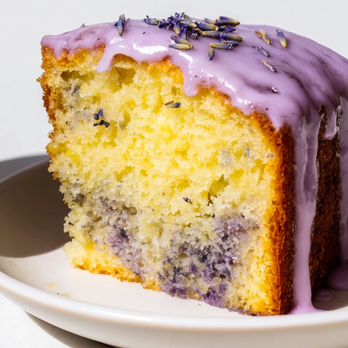Soft lavender cake slice on a vintage plate, topped with sweet citrus glaze and sprinkled lavender