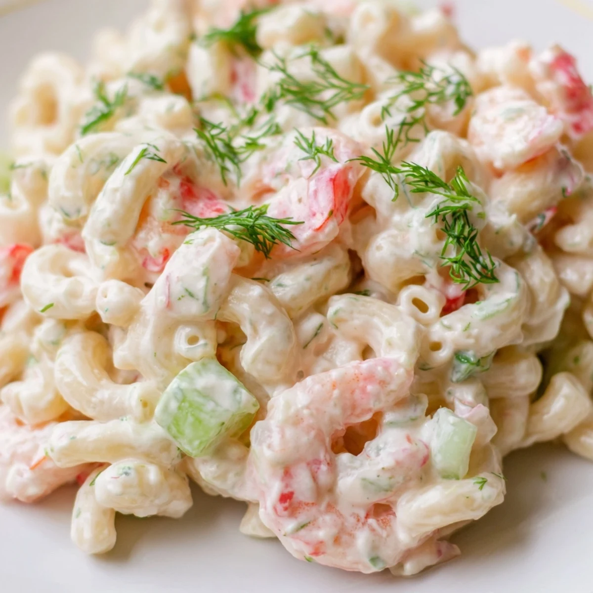 Creamy shrimp macaroni salad loaded with tender shrimp, crisp veggies, and tangy dressing in a bowl